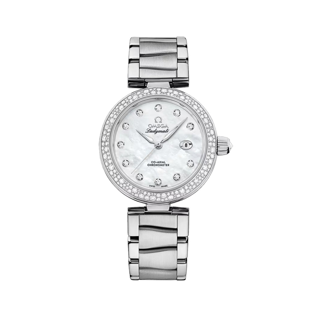 De Ville Ladymatic 34mm - White, Mother-of-Pearl w/ Diamonds and Diamond Bezel on Bracelet